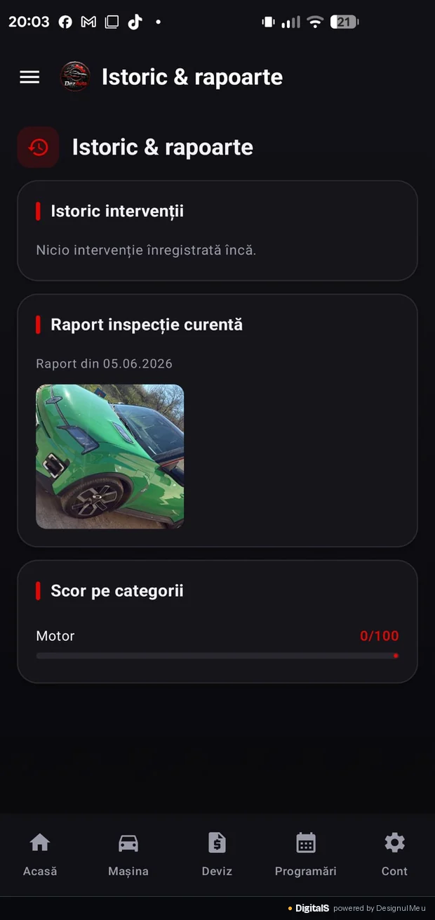 Ecranul Istoric și rapoarte din aplicație, cu raportul de inspecție curentă și scorul pe categorii