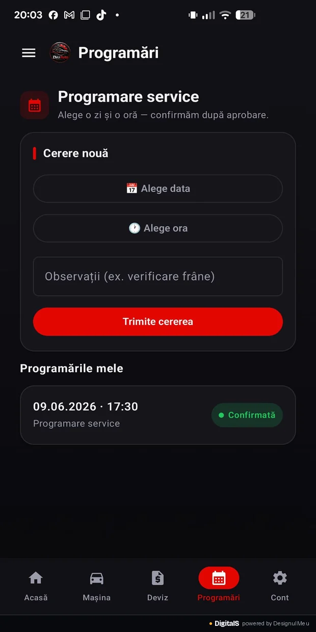 Ecranul Programări din aplicație, cu cerere nouă de programare și programarea confirmată