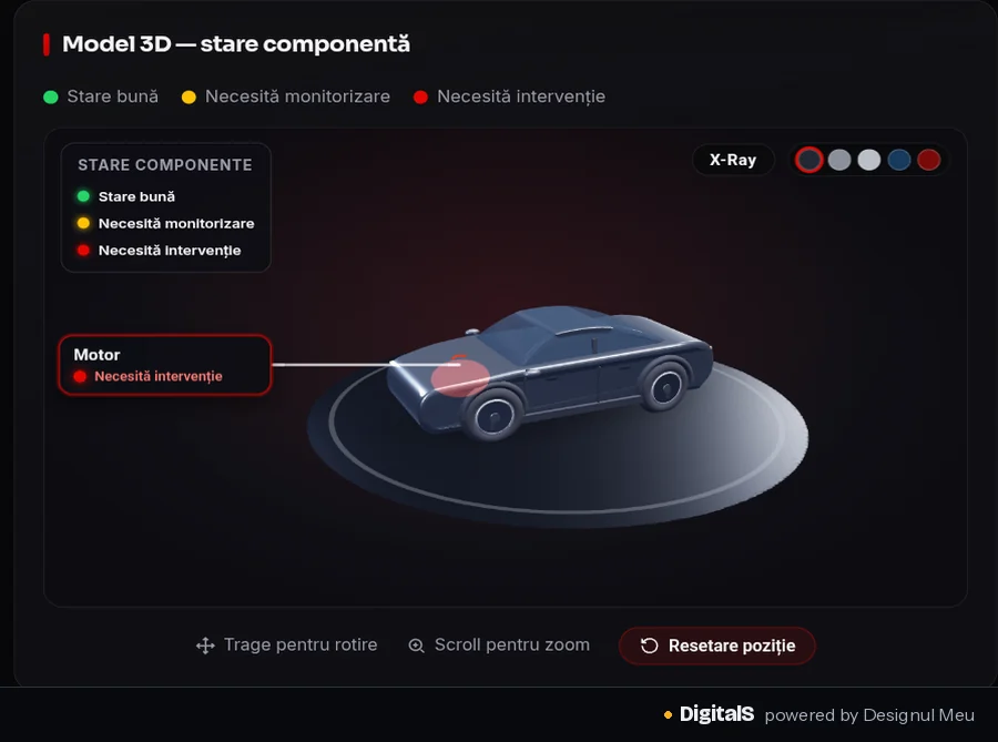 Modelul 3D interactiv, cu motorul marcat roșu.